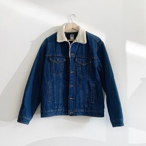 GAP Factory blue denim jacket with quilted lining and sherpa trim